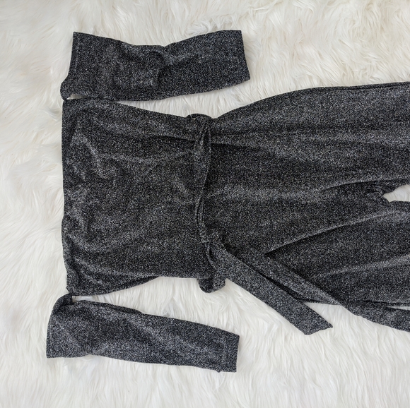 Silver Glitter Off Shoulder 3/4 Sleeve Jumpsuit - Picture 2 of 6